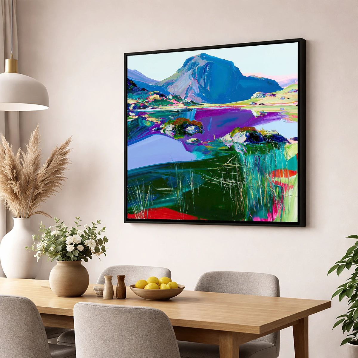 Vivid Haystacks and Dark Tarn lake district fell wall art displayed in a dining room