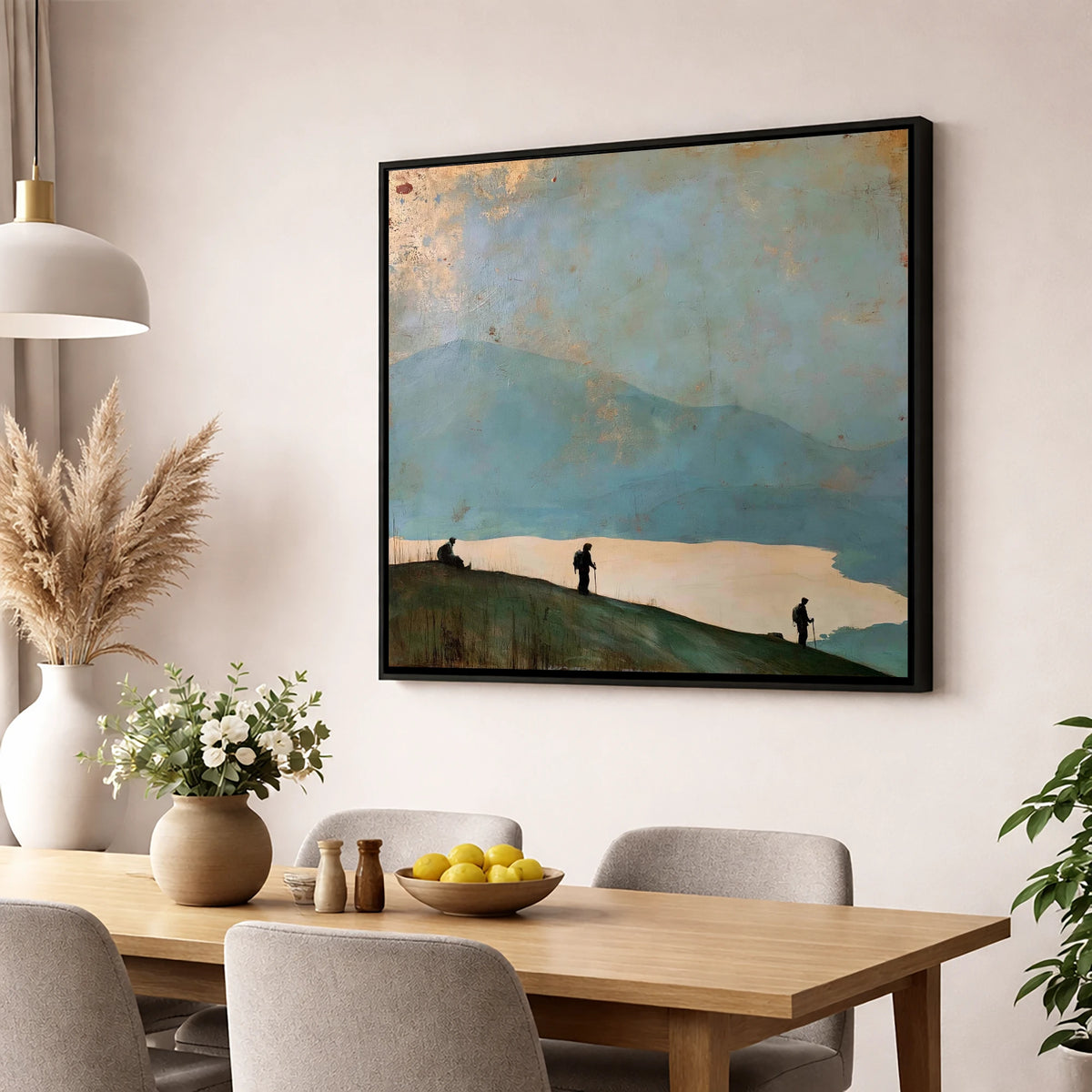 Silhouetted Walkers on Catbells lake district fell wall art displayed in a dining room