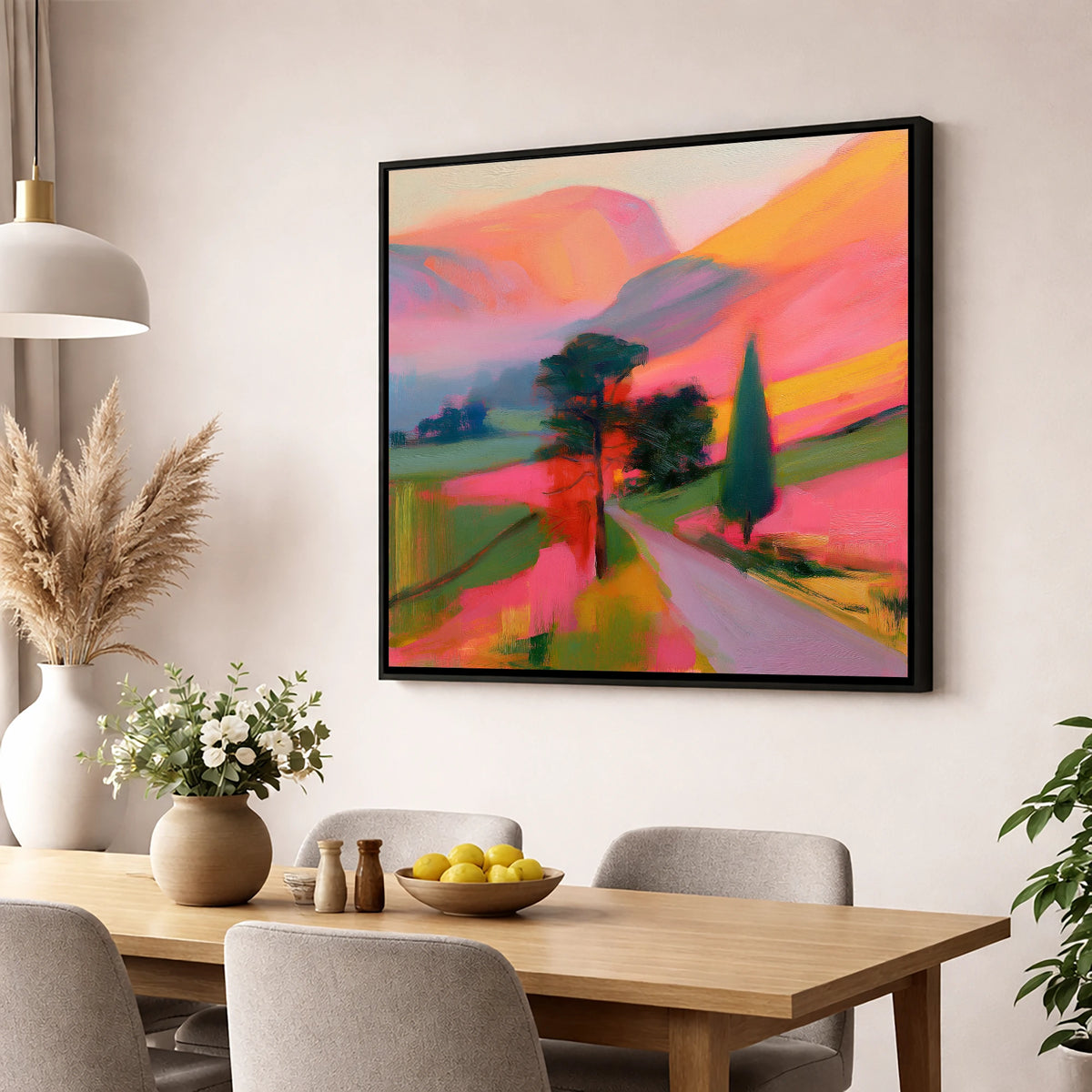 Neon Morning Valley Mist lake district sky wall art displayed in a dining room