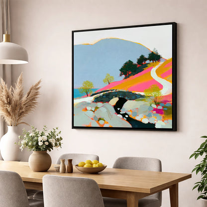 Bold Colours at Ashness Bridge lake district waterfall wall art displayed in a dining room