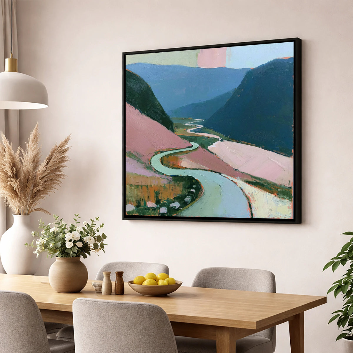 Mountain Pass in Blush and Teal lake district valley wall art displayed in a dining room