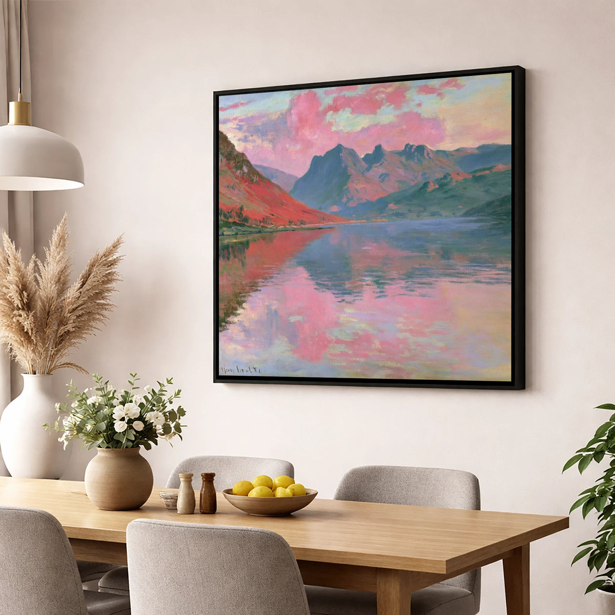 Loweswater Beneath Pink Sunset Skies lake district lake wall art displayed in a dining room