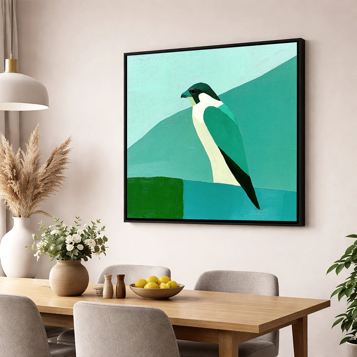 Geometric Teal Peregrine Falcon lake district wildlife wall art displayed in a dining room
