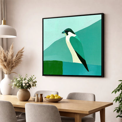 Geometric Teal Peregrine Falcon lake district wildlife wall art displayed in a dining room
