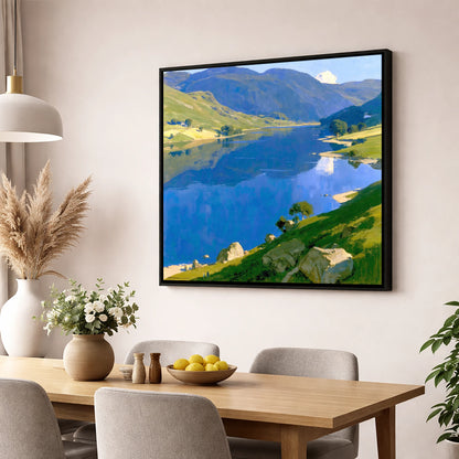 Blue Lake and Sunlit Fells lake district lake wall art displayed in a dining room