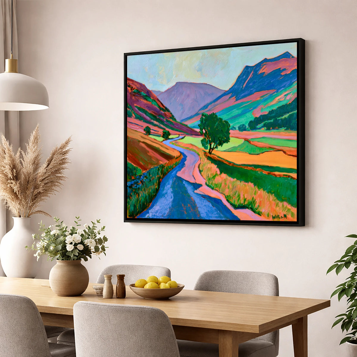 Winding Road Through Vibrant Fells lake district valley wall art displayed in a dining room
