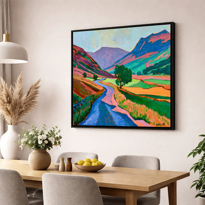 Winding Road Through Vibrant Fells lake district valley wall art displayed in a dining room