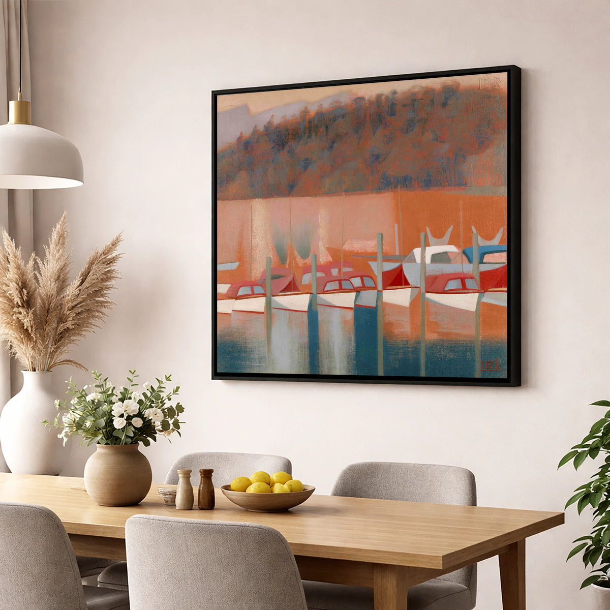 Windermere Boats in Terracotta Light lake district lake wall art displayed in a dining room
