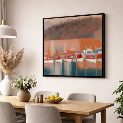 Windermere Boats in Terracotta Light lake district lake wall art displayed in a dining room