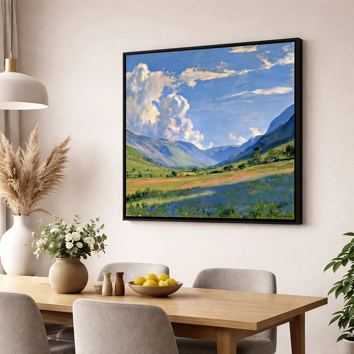 Sunlit Valley Under Billowing Clouds lake district valley wall art displayed in a dining room