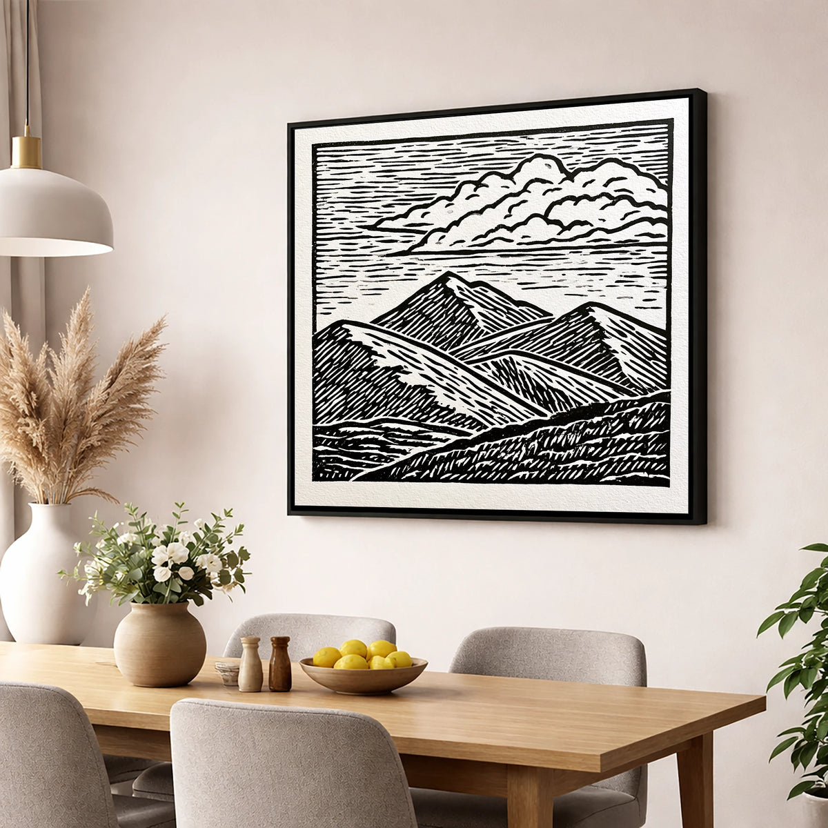 Black and White Rolling Fells lake district fell wall art displayed in a dining room