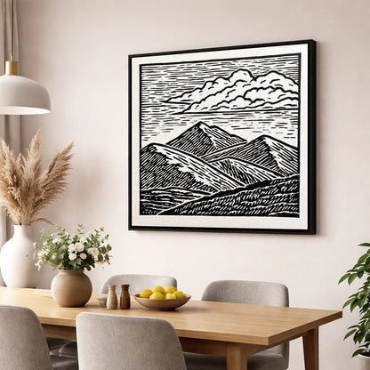 Black and White Rolling Fells lake district fell wall art displayed in a dining room