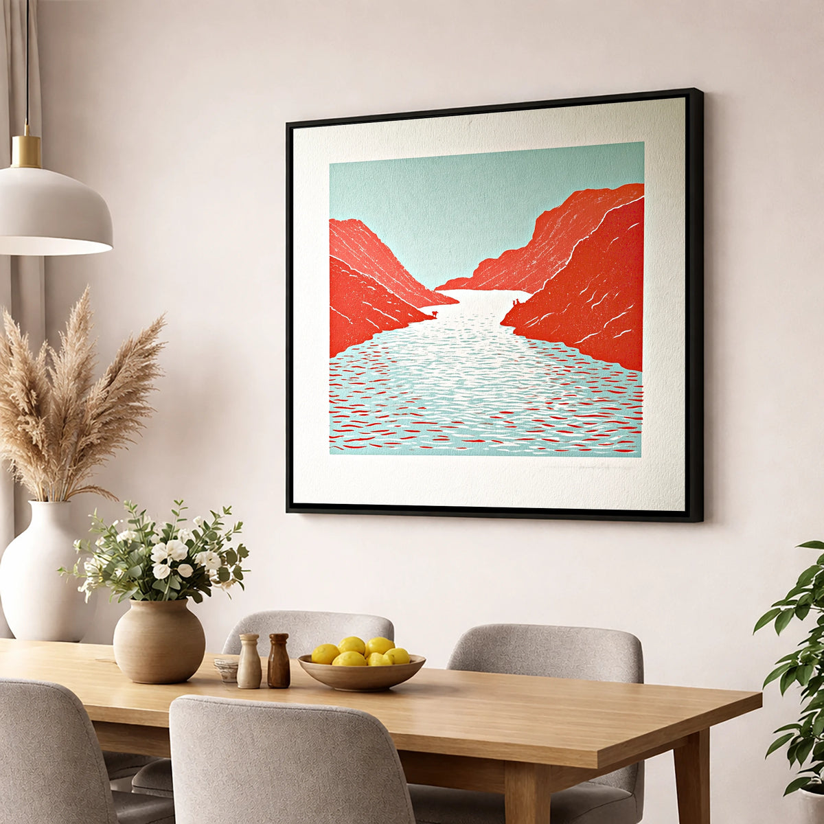 Bold Red Fells and Lake lake district lake wall art displayed in a dining room