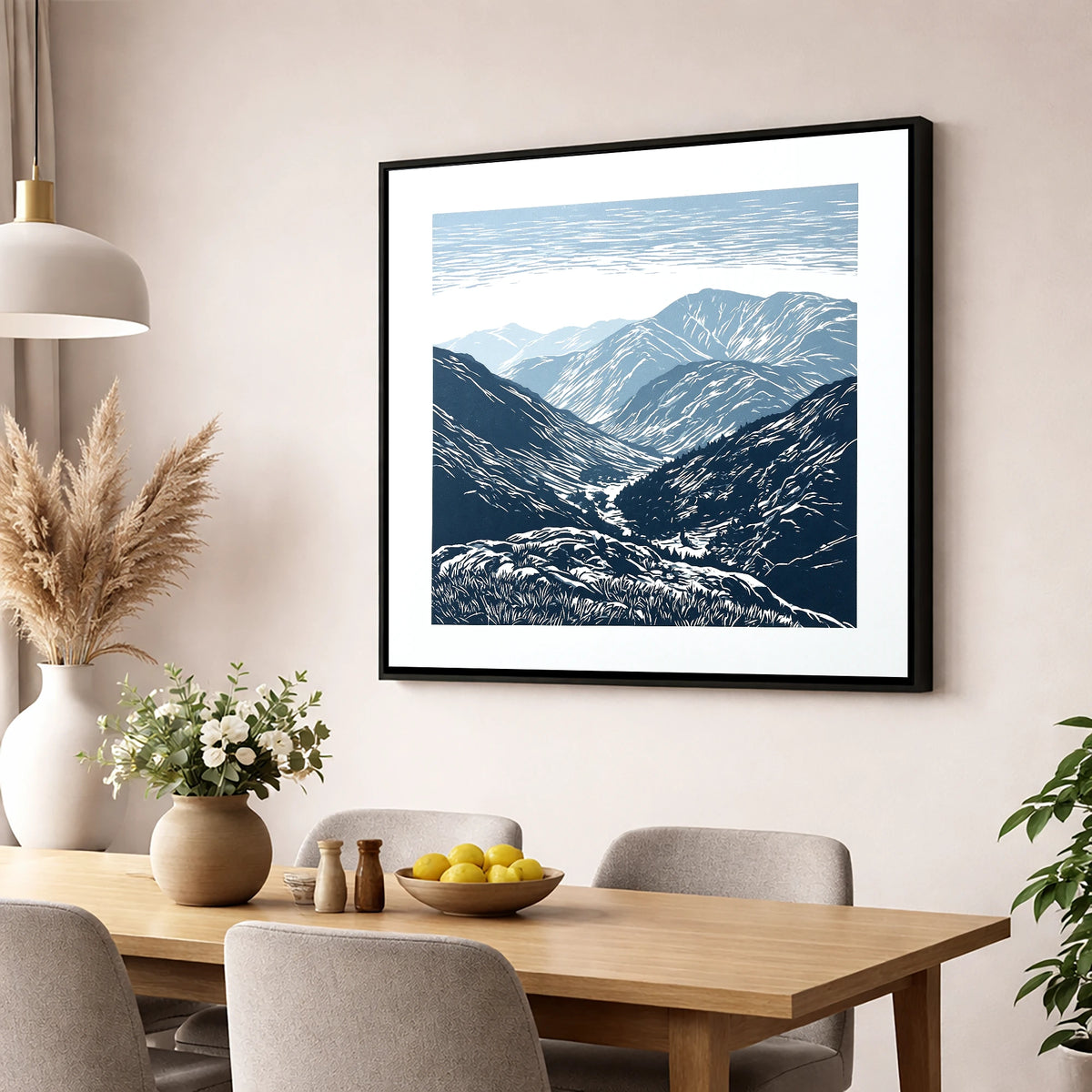 Blue Valley From The Summit lake district fell wall art displayed in a dining room