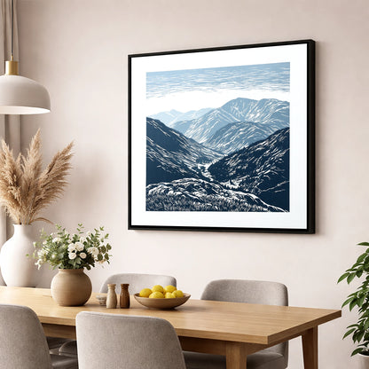 Blue Valley From The Summit lake district fell wall art displayed in a dining room