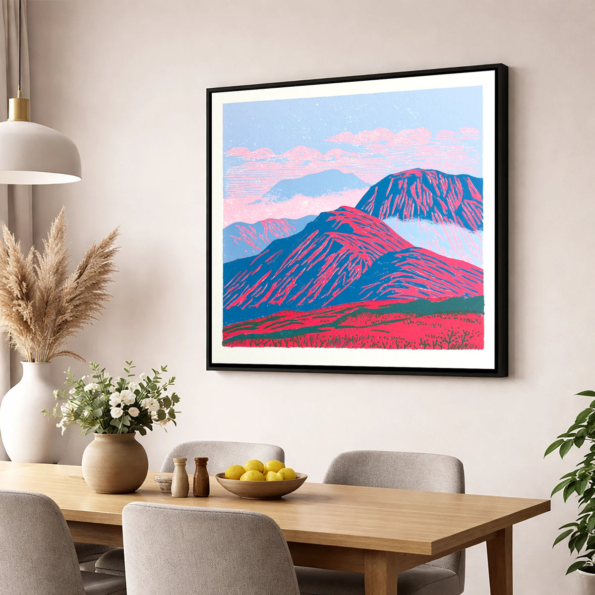 Vibrant Red Misty Mountain Ridge lake district fell wall art displayed in a dining room