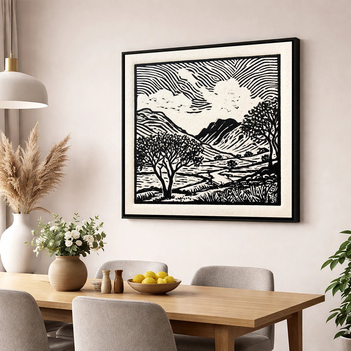 Black and White Eskdale Valley lake district valley wall art displayed in a dining room