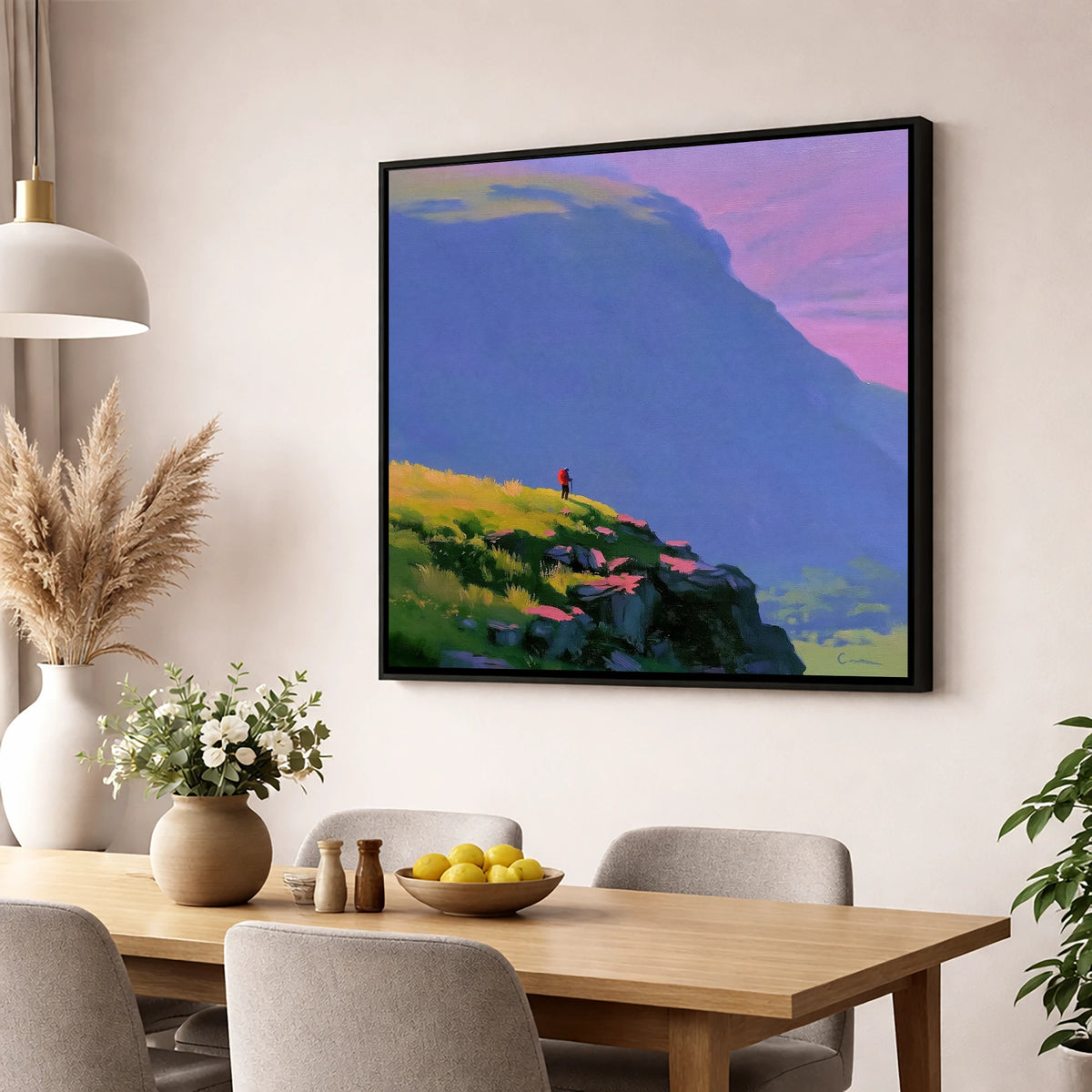 Fell Walker Under Lilac Sky lake district walking wall art displayed in a dining room