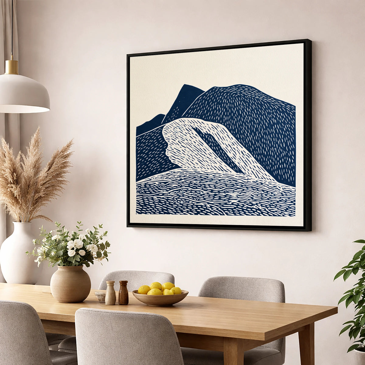Helvellyn Ridge in Navy Blue lake district fell wall art displayed in a dining room