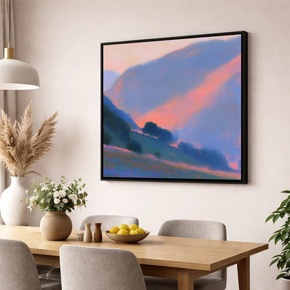 Rose Light Between the Fells lake district valley wall art displayed in a dining room
