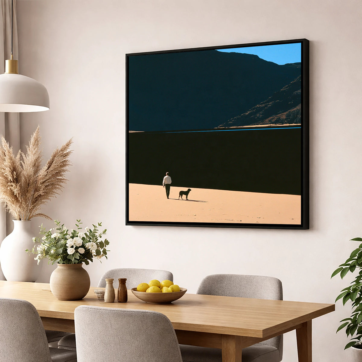Dog Walker on Ennerdale Shore gifts for dog walkers wall art displayed in a dining room