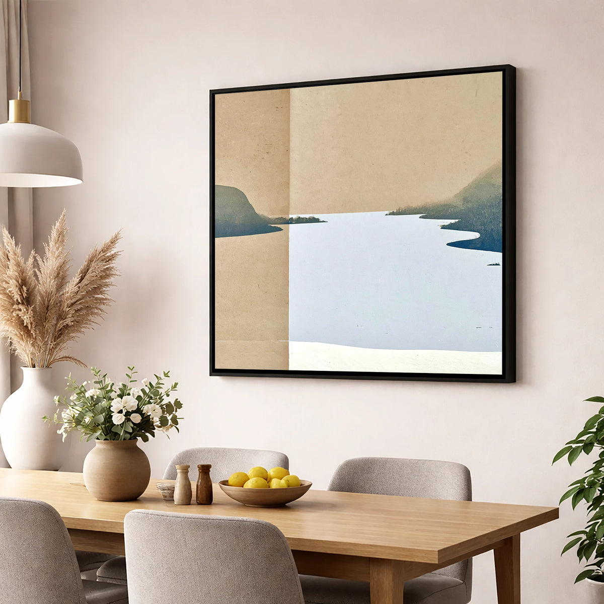 Minimalist Ullswater in Slate Blue lake district lake wall art displayed in a dining room