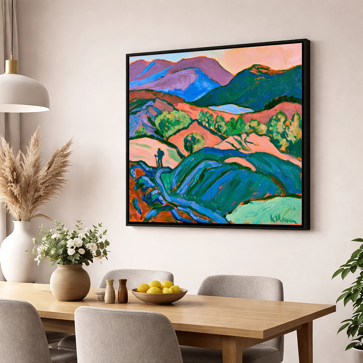 Hiker Silhouette in Vibrant Fells lake district walking wall art displayed in a dining room