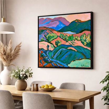Hiker Silhouette in Vibrant Fells lake district walking wall art displayed in a dining room