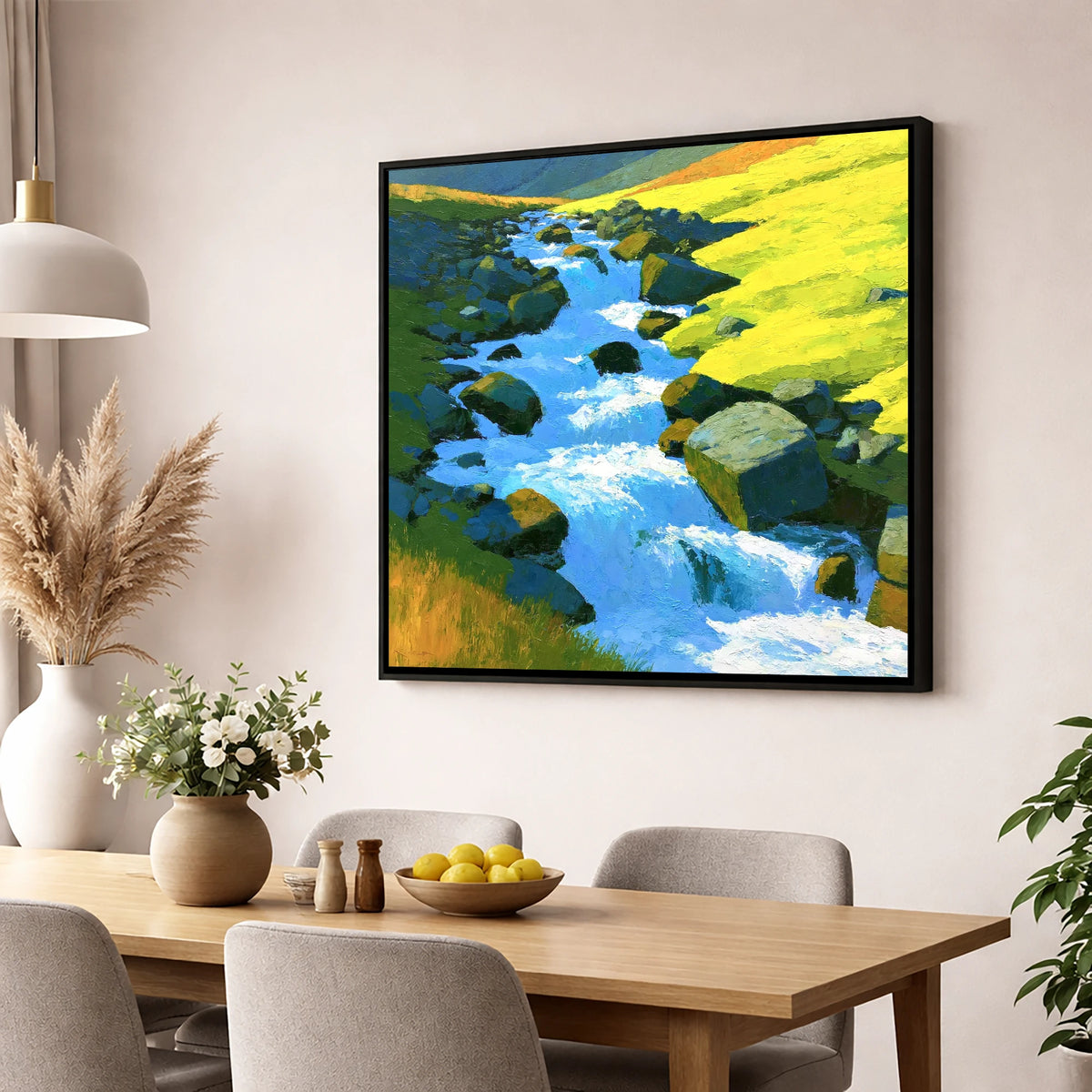 Sparkling Mountain Beck in High Summer lake district waterfall wall art displayed in a dining room