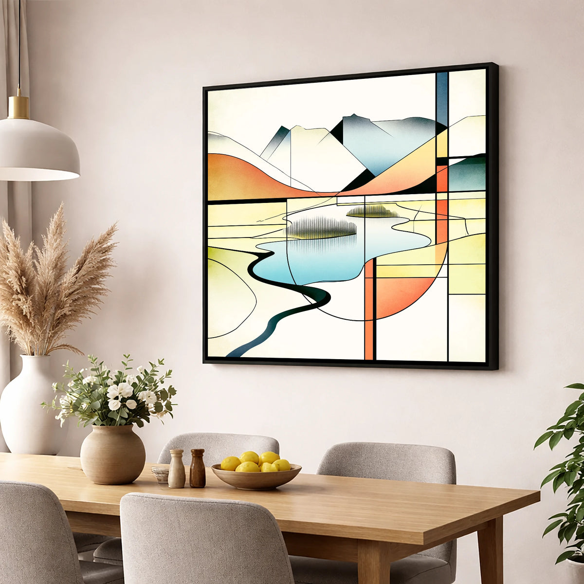 Abstract Geometric Elter Water lake district lake wall art displayed in a dining room