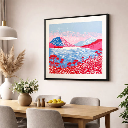 Crummock Water in Vivid Red lake district lake wall art displayed in a dining room