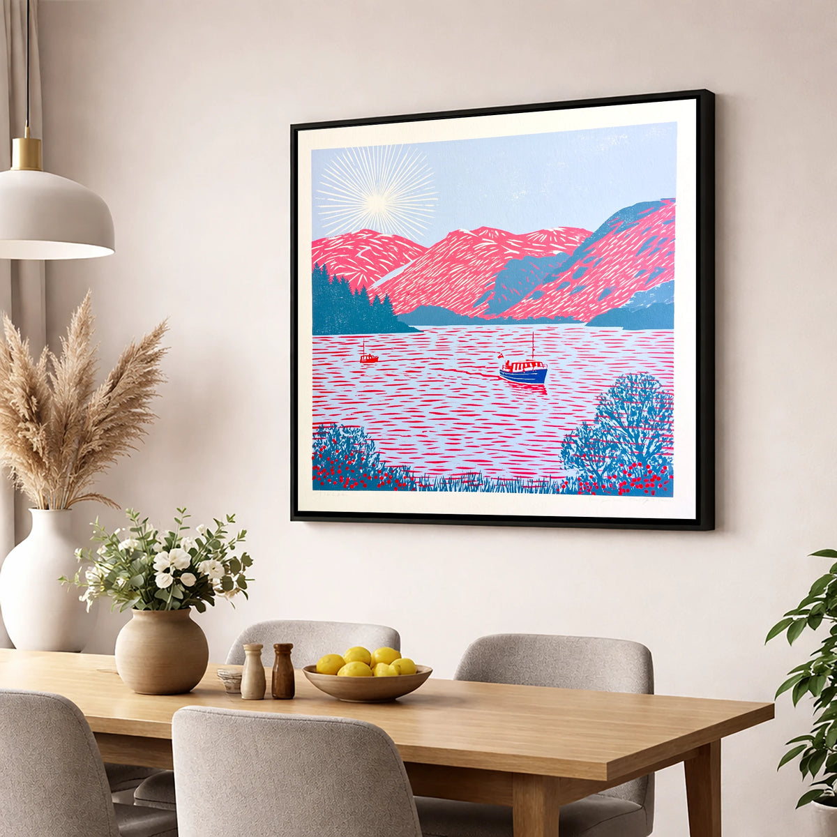 Ullswater Beneath Vibrant Pink Fells lake district lake wall art displayed in a dining room