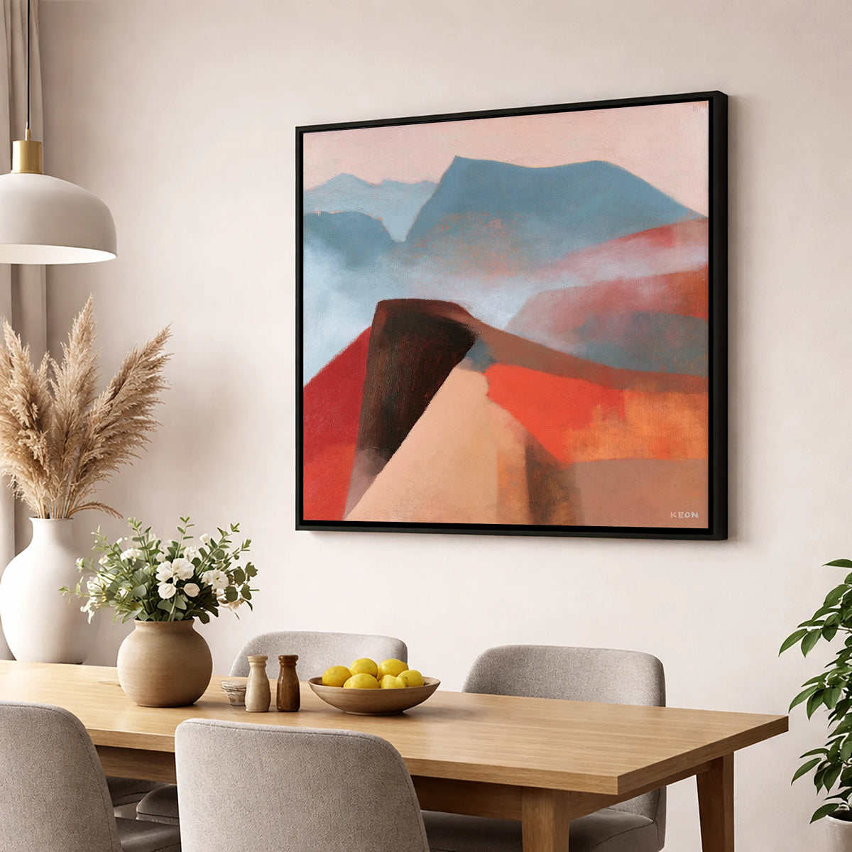 Terracotta Misty Mountain Ridge lake district fell wall art displayed in a dining room