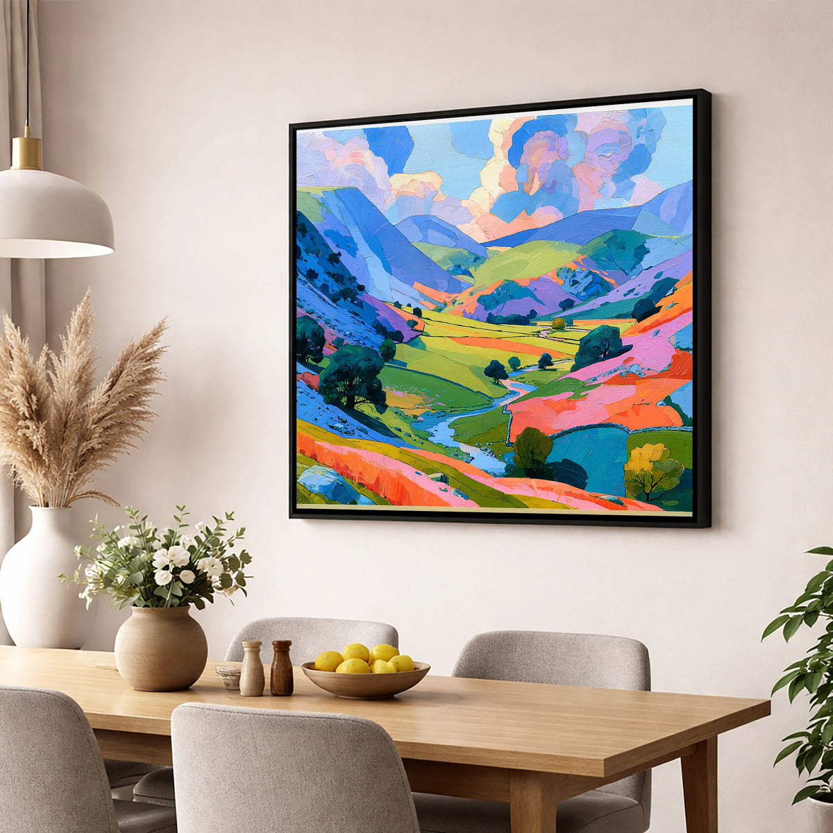 Lavender Fells and Valley Beck lake district valley wall art displayed in a dining room