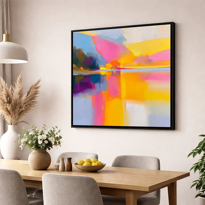 Vibrant Pink Calm Lake Reflections lake district lake wall art displayed in a dining room