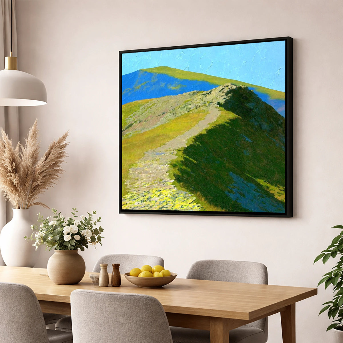 Sunlit Ridge on Place Fell lake district fell wall art displayed in a dining room