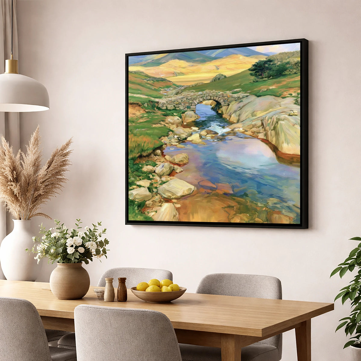 Stone Bridge Beneath Golden Fells lake district waterfall wall art displayed in a dining room