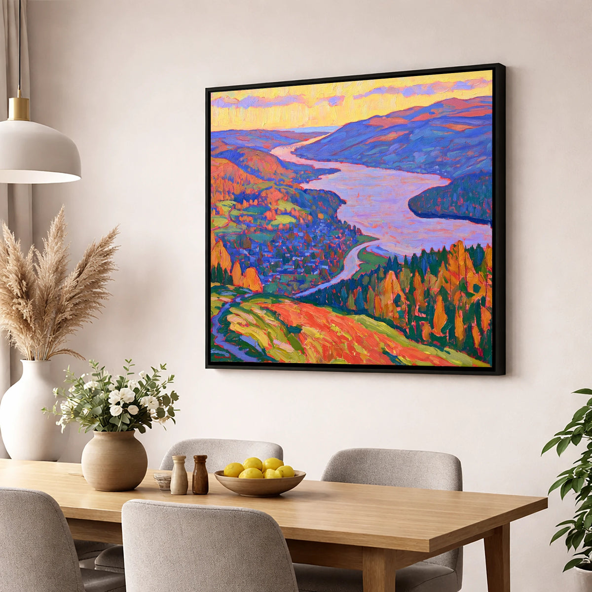 Vibrant Ambleside and Lake View lake district village wall art displayed in a dining room