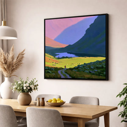 Lone Hiker in Vibrant Fells lake district walking wall art displayed in a dining room