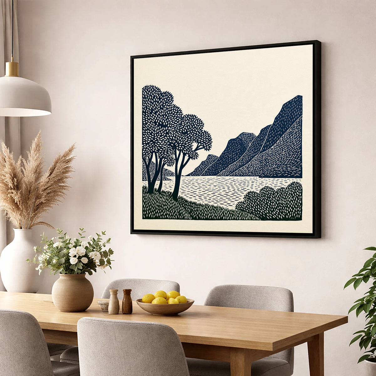 Navy Fells at Crummock Water lake district lake wall art displayed in a dining room