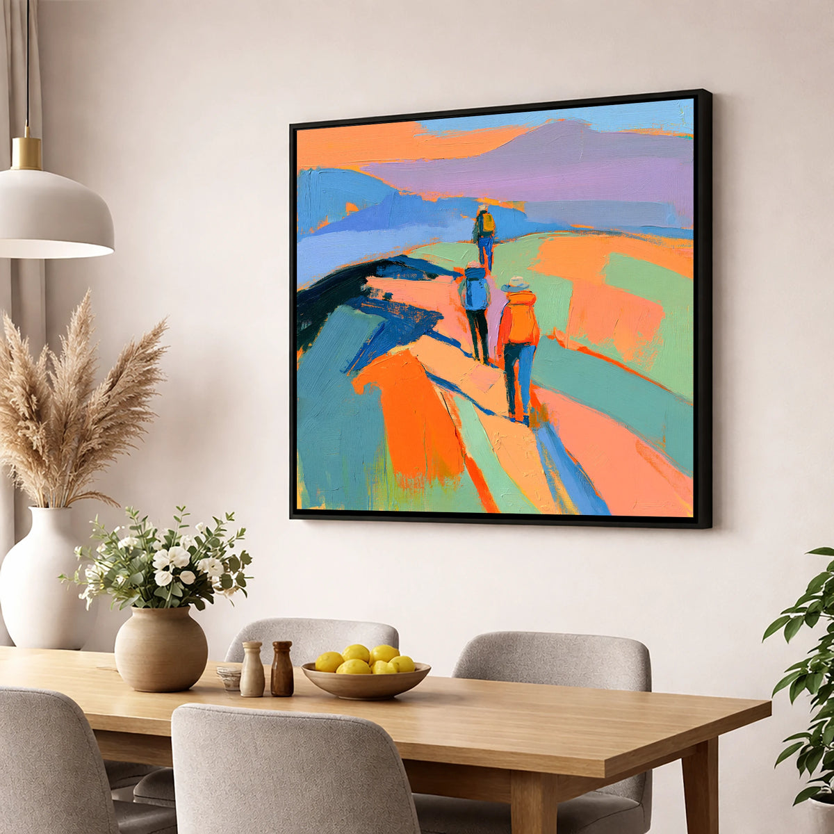 Vivid Hikers on a Fell Ridge lake district fell wall art displayed in a dining room