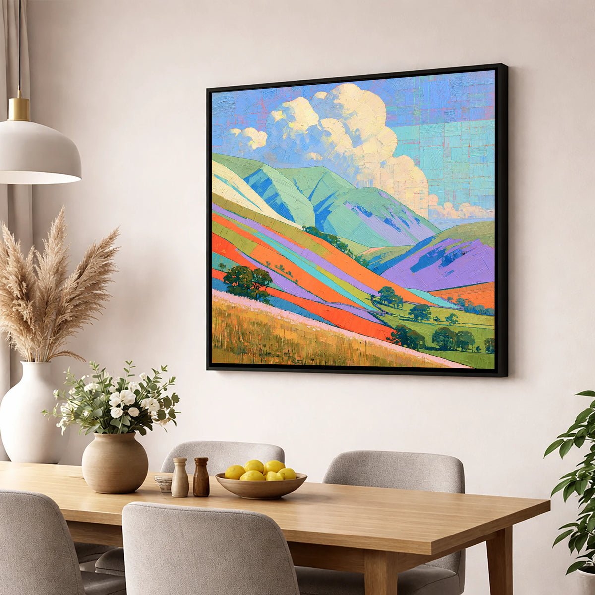 Vivid Colours on Rolling Fells lake district fell wall art displayed in a dining room