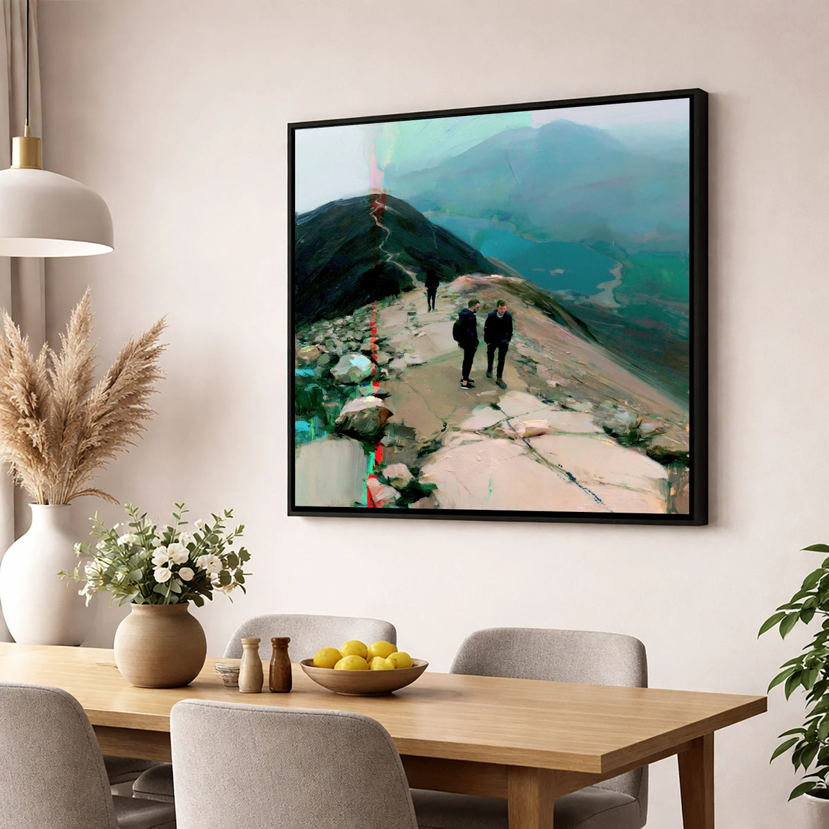 Mountain Hikers on Misty Ridge lake district fell wall art displayed in a dining room