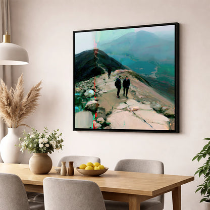 Mountain Hikers on Misty Ridge lake district fell wall art displayed in a dining room