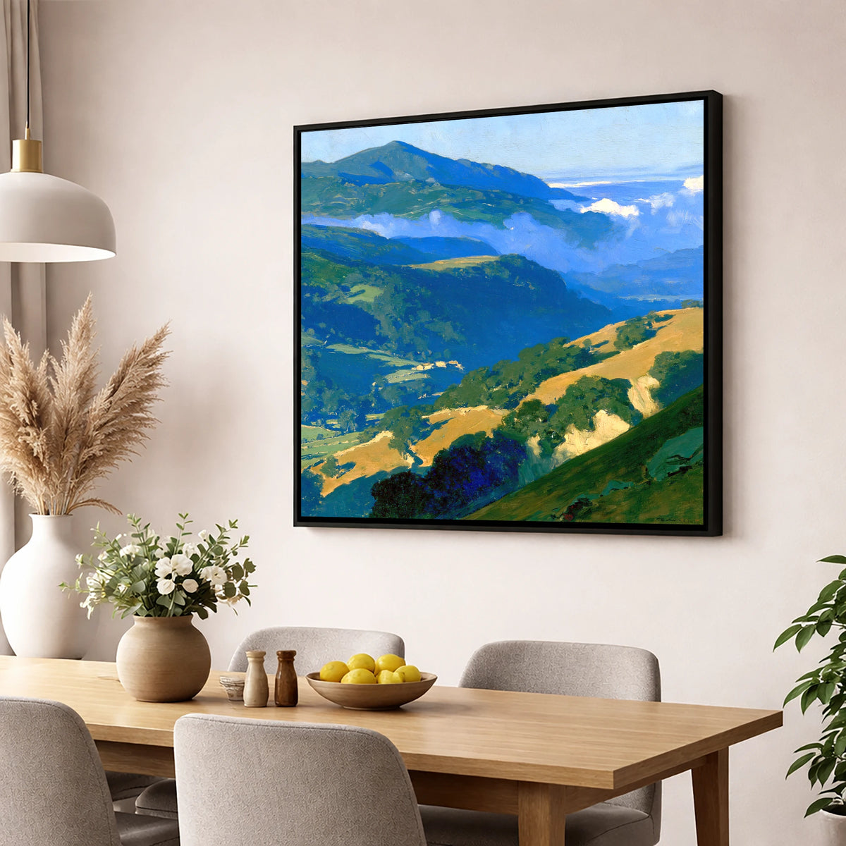 Sunlit Fells and Valley Mist lake district sky wall art displayed in a dining room