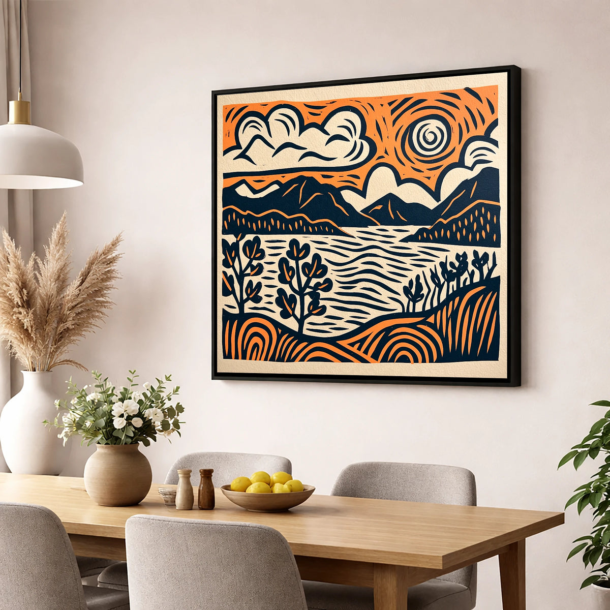 Windermere in Navy and Terracotta lake district lake wall art displayed in a dining room