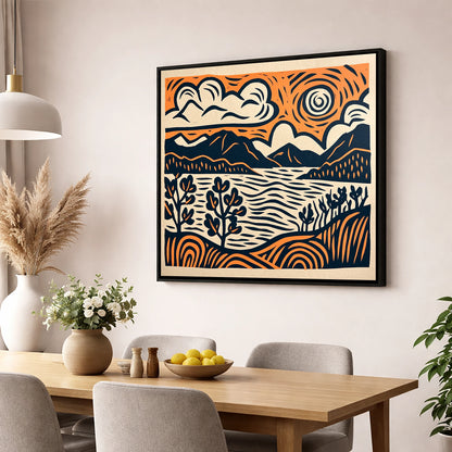 Windermere in Navy and Terracotta lake district lake wall art displayed in a dining room