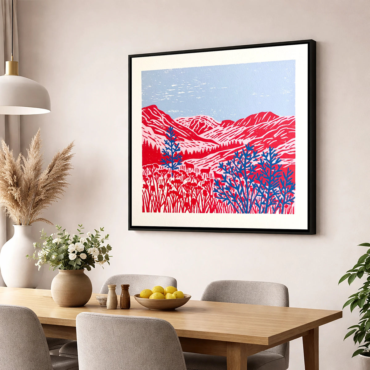 Vibrant Red Borrowdale Fells lake district valley wall art displayed in a dining room