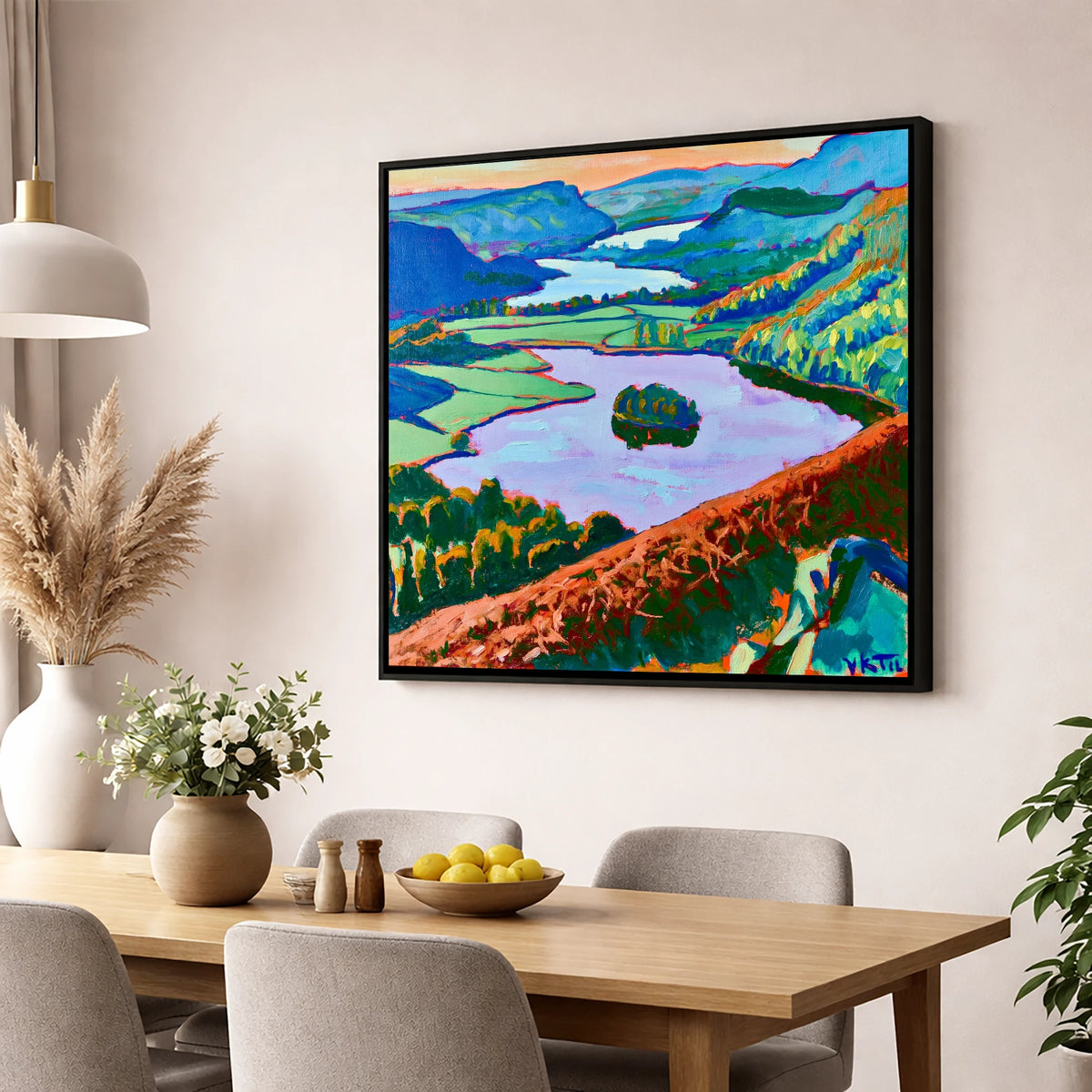 Grasmere Through Vibrant Bracken lake district lake wall art displayed in a dining room