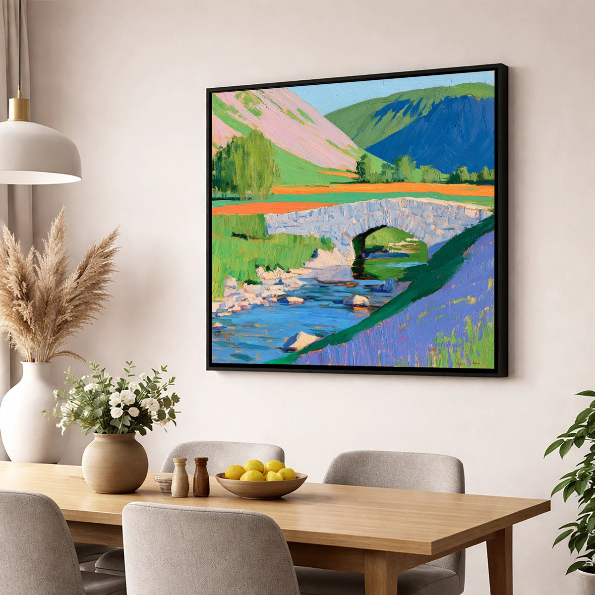 Vibrant Stone Bridge And Beck lake district waterfall wall art displayed in a dining room